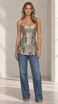 Strapless Metallic Pleated Embellished Corset Top