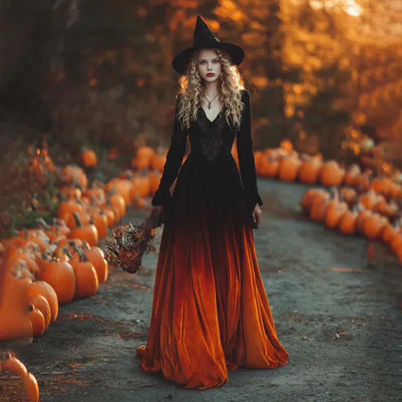 Women's  Vintage Halloween Gradient Art Comfy Velvet Maxi Dress