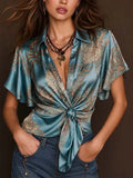 Collared Flutter Sleeve Paisley Print Satin Front Tie Knot Blouse