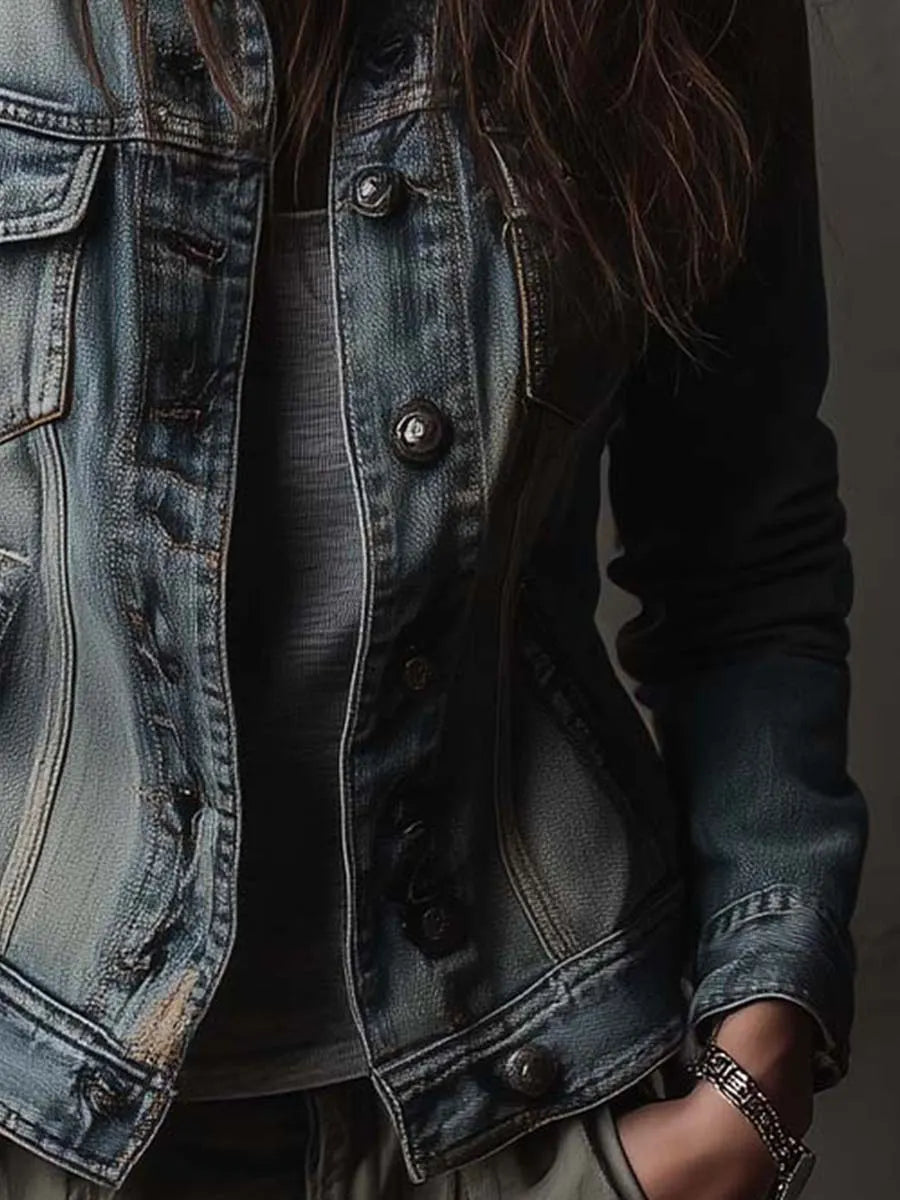 Washed And Faded Utility Denim Jacket With Epaulettes