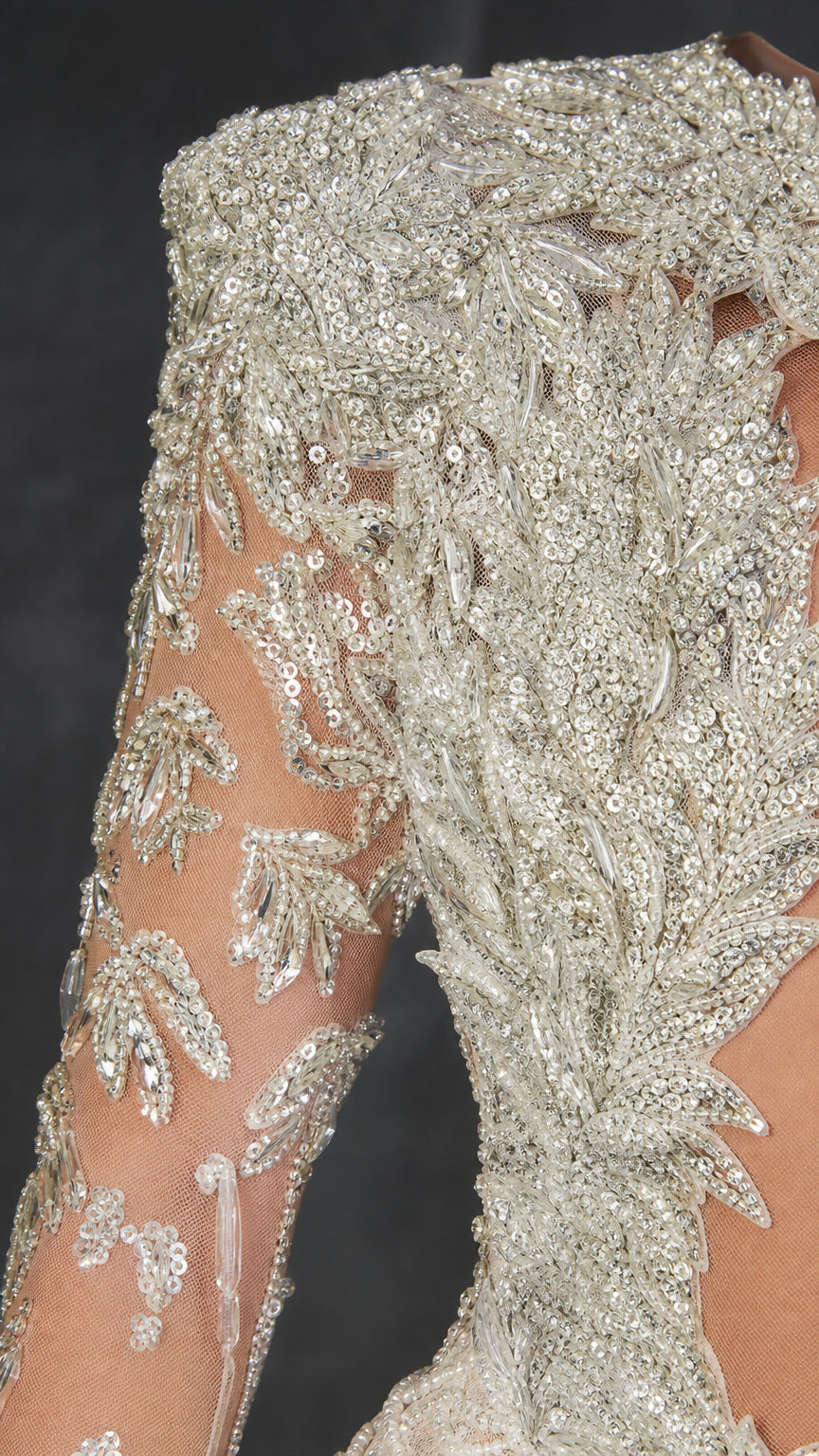 One-Shoulder Cutout Sequin Beaded Evening Gown with Long Sleeve