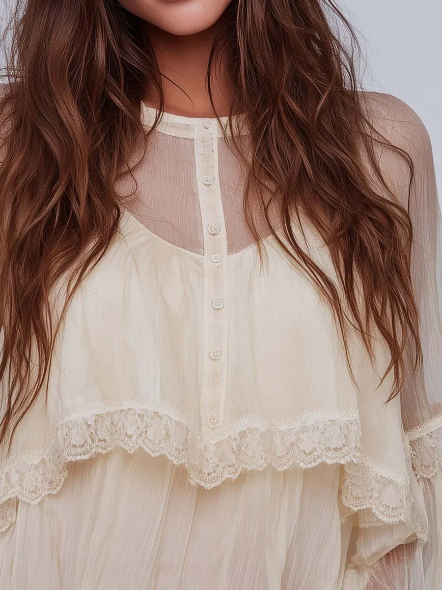 Boho Lace Trim Sheer Balloon Sleeve Button Blouse