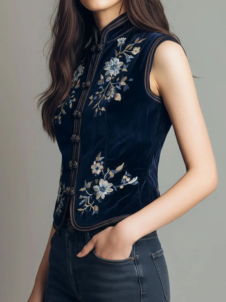 Boho Mandarin Collar Navy Velvet Embroidered Vest