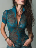 Vintage-print Slim-fit Short-sleeve Blouse With Front Zipper