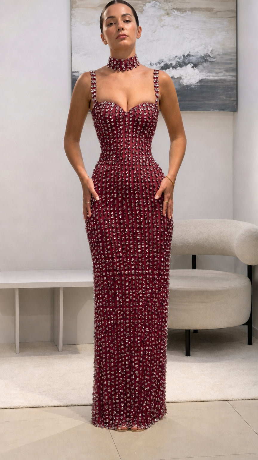 Rhinestone Embellished Sweetheart Maxi Dress with Matching Choker