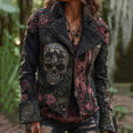 Rose Skull Embroidered Patchwork Gothic Rock Lapel Denim Jacket