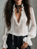 Boho Cotton And Linen Ruffle Trim Tie Front Lantern Sleeve Blouse