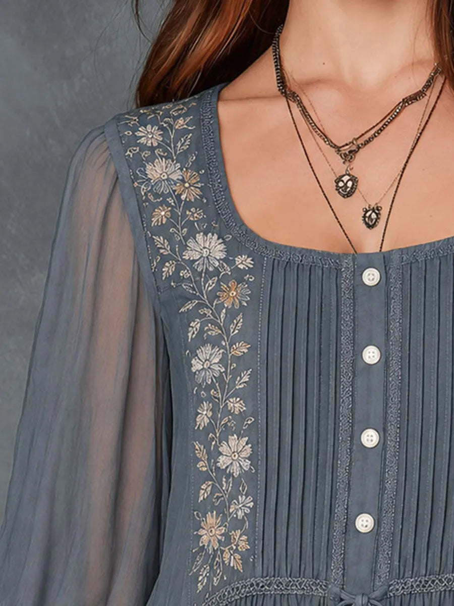 Boho Slate Blue Embroidered Sheer Sleeves Blouse With Tassel Tie