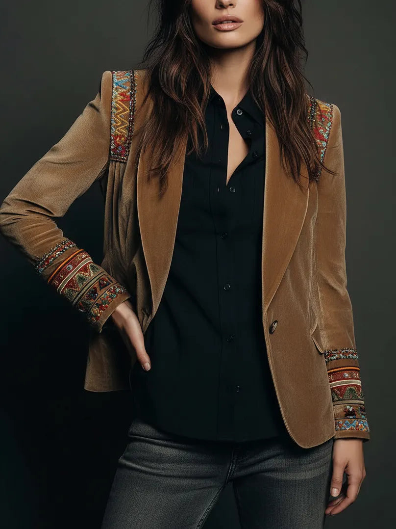 Polyester velvet Embroidered Blazer With Bohemian Detailing