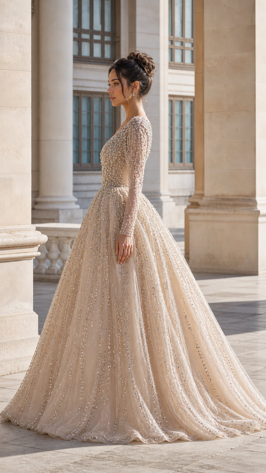 Deep V-Neck Beaded Long Sleeve Tulle Ball Gown Evening Dress