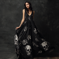 Halloween Gothic Dark Style Skeleton Element Women's V-neck Long Dress