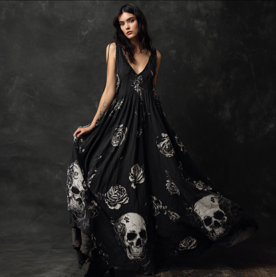 Halloween Gothic Dark Style Skeleton Element Women's V-neck Long Dress