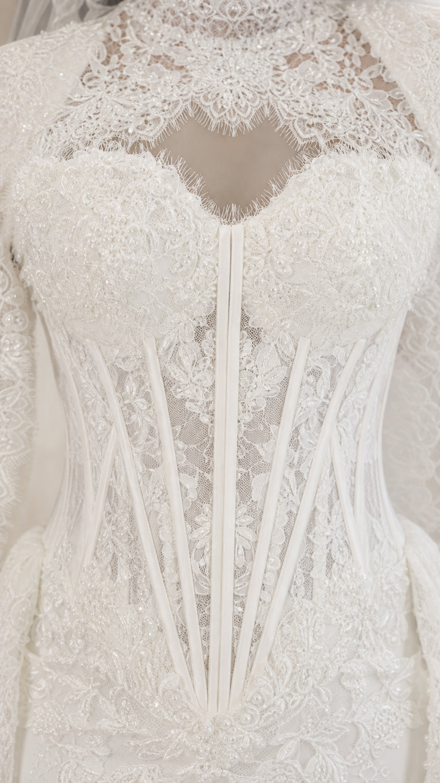 Illusion High Neck Corset Lace Mermaid Wedding Gown with Long Sleeves