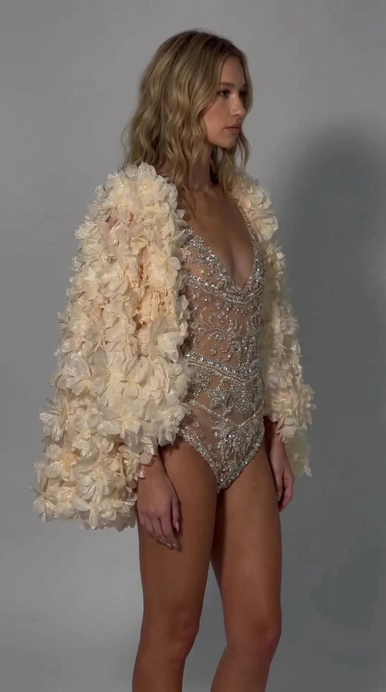 Rhinestone Embellished Bodysuit with 3D Floral Appliqué Cape Set