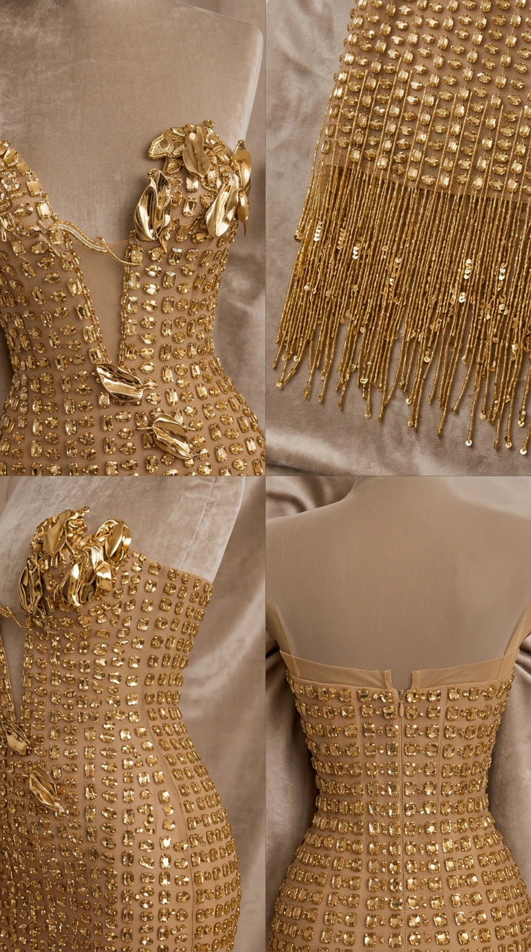 Strapless Embellished Beaded Fringe Maxi Evening Dress