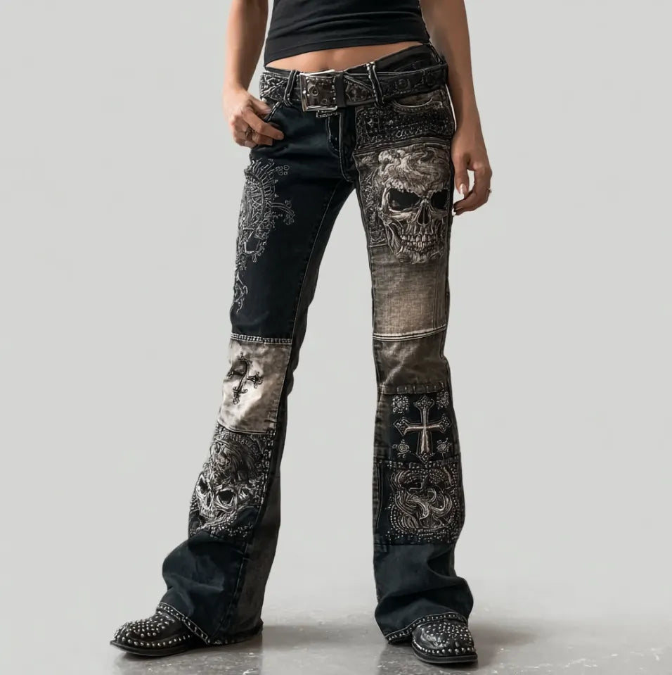 Rock Punk Skull Cross Element Retro Distressed Heavy Workwear Women's Denim Long Pants