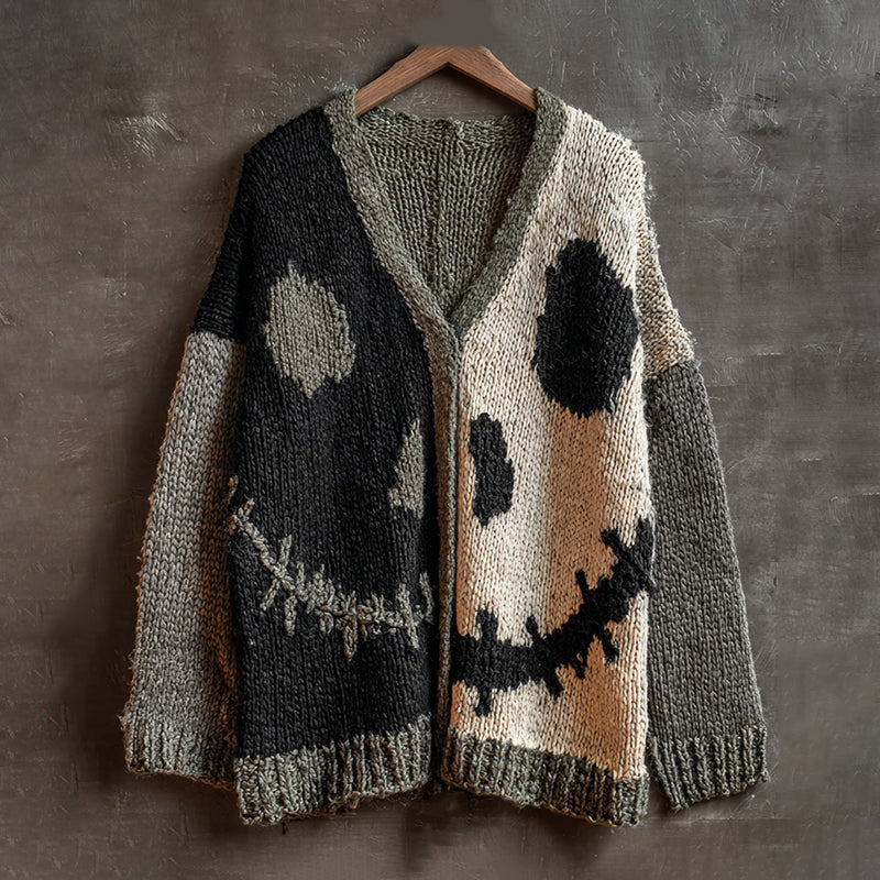 Halloween Spooky Face Contrast Stitching Cozy Knitted Sweater Cardigan