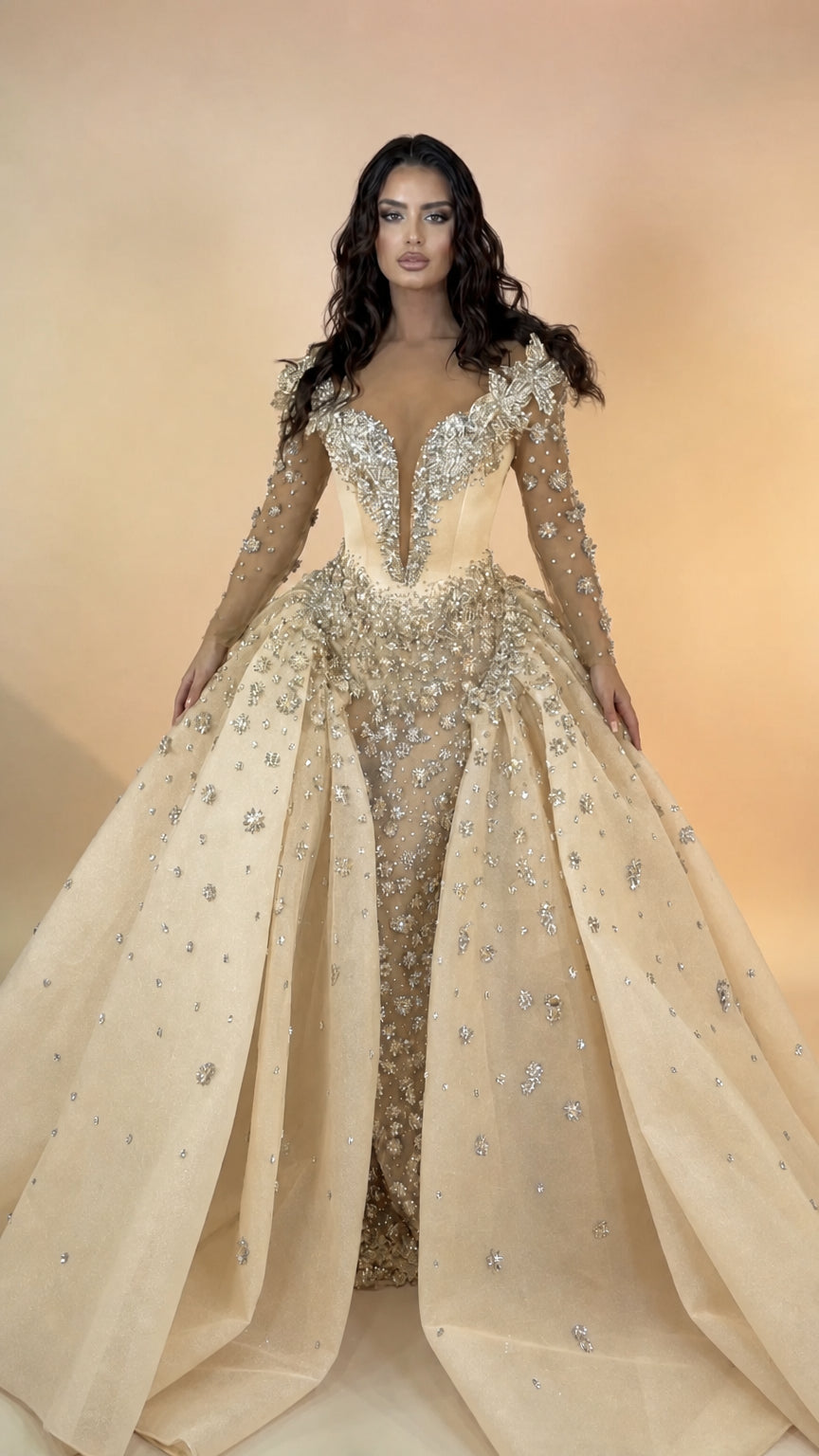 Crystal Embellished Illusion Neckline Long Sleeve Ball Gown with Overskirt