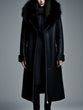 Women Fur Trim Warm Lined Hooded Eco Leather Trench Coat