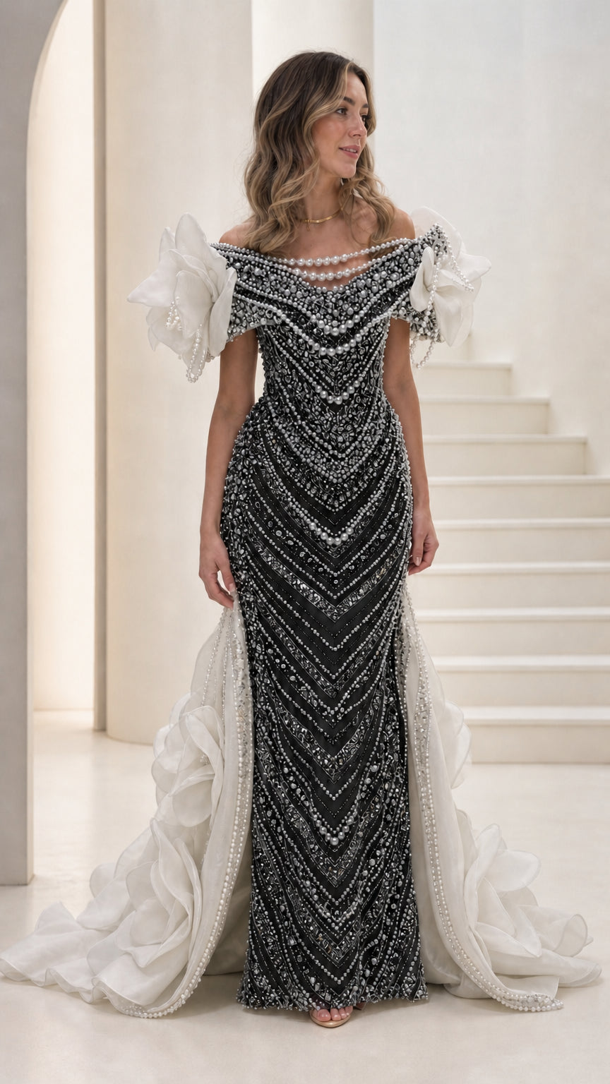Off-the-Shoulder Pearl Beaded Mermaid Evening Gown with 3D Floral Train