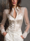Elegant Lace-Panel Satin Blouse With Sheer Sleeves