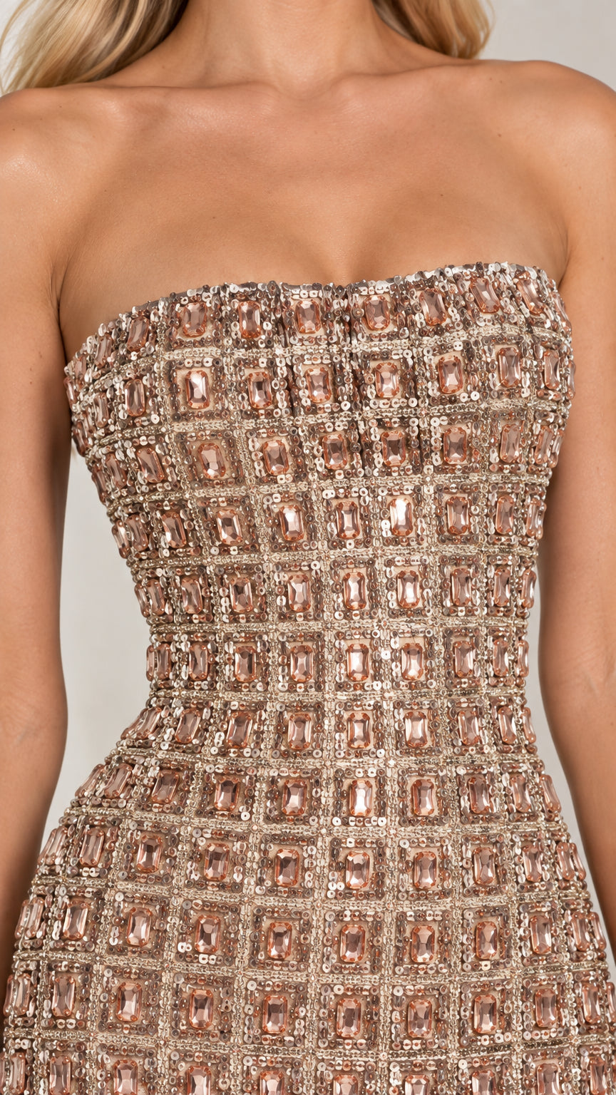 Strapless Grid Sequin Column Evening Gown
