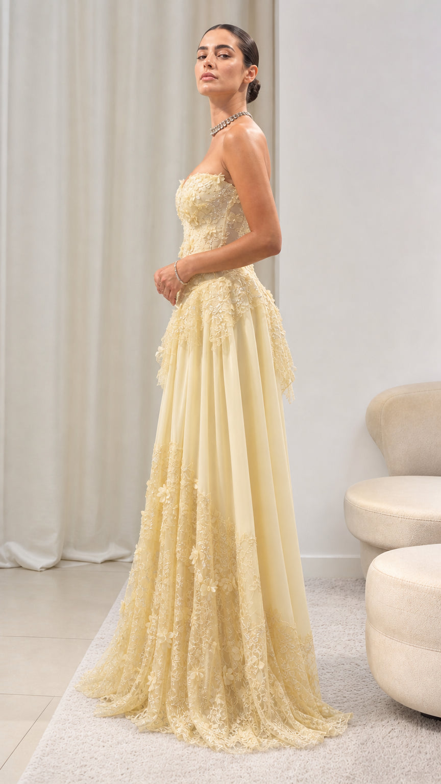 Strapless Floral Appliqué Corset Evening Gown with Tiered Lace Tulle Skirt