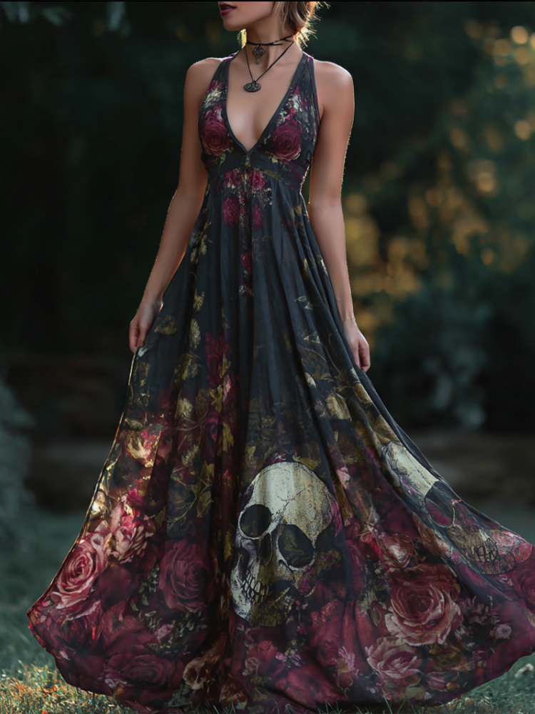 Halloween Theme Rose And Skull Pattern Women's V-neck Long Dress