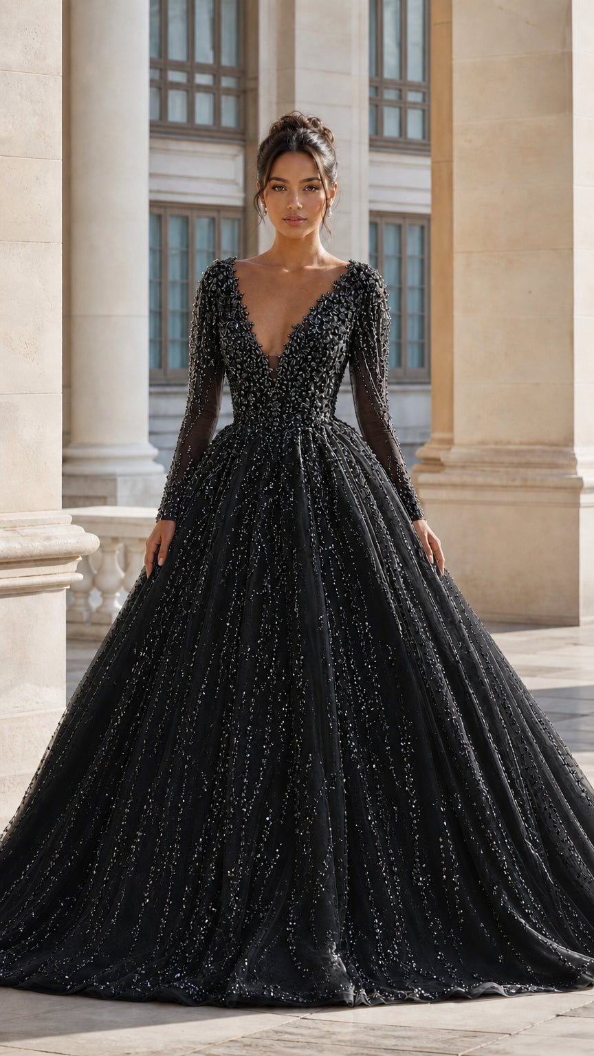 Deep V-Neck Beaded Long Sleeve Tulle Ball Gown Evening Dress