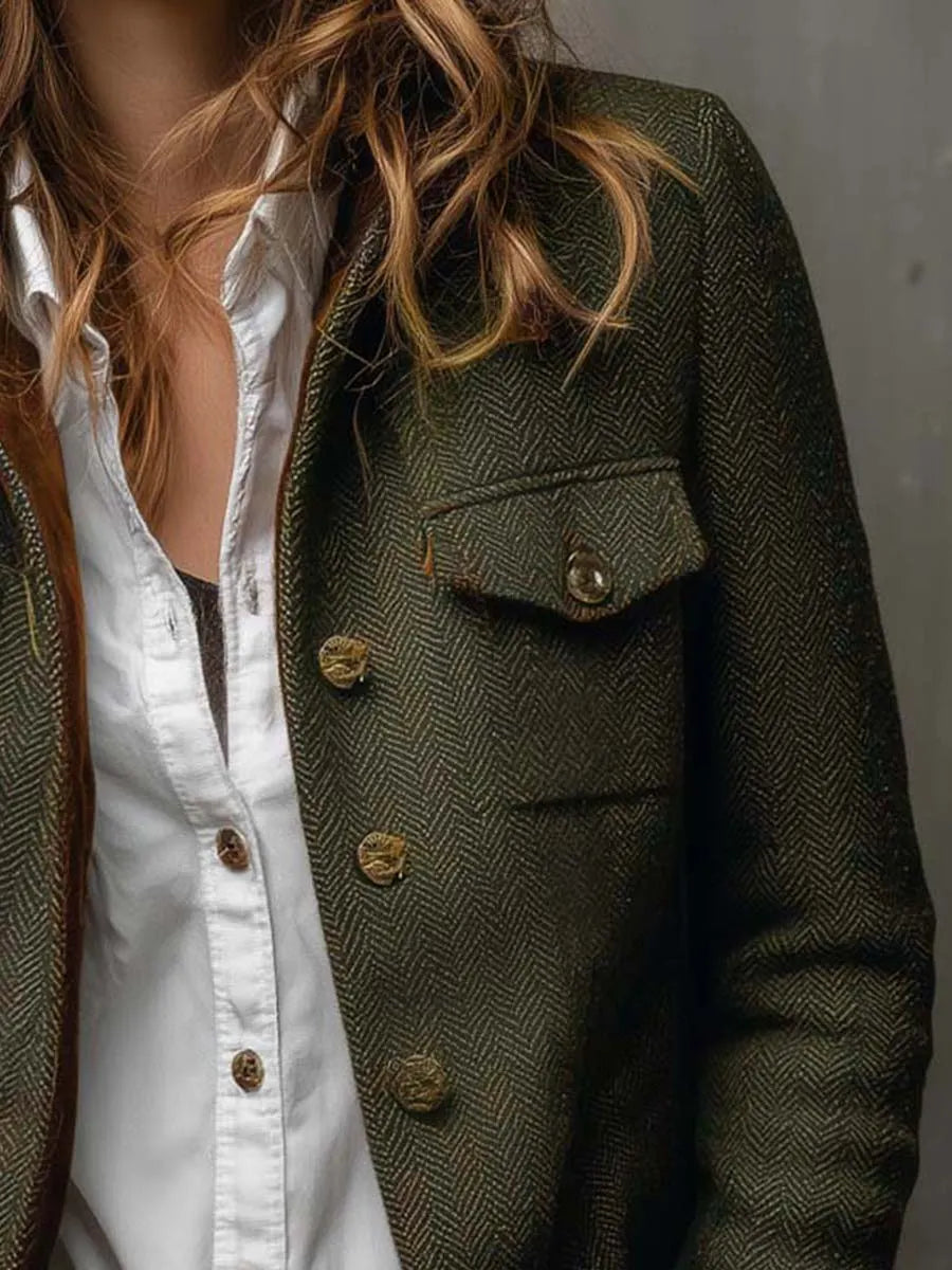 Vintage Herringbone Tweed Blazer With Velvet Trim