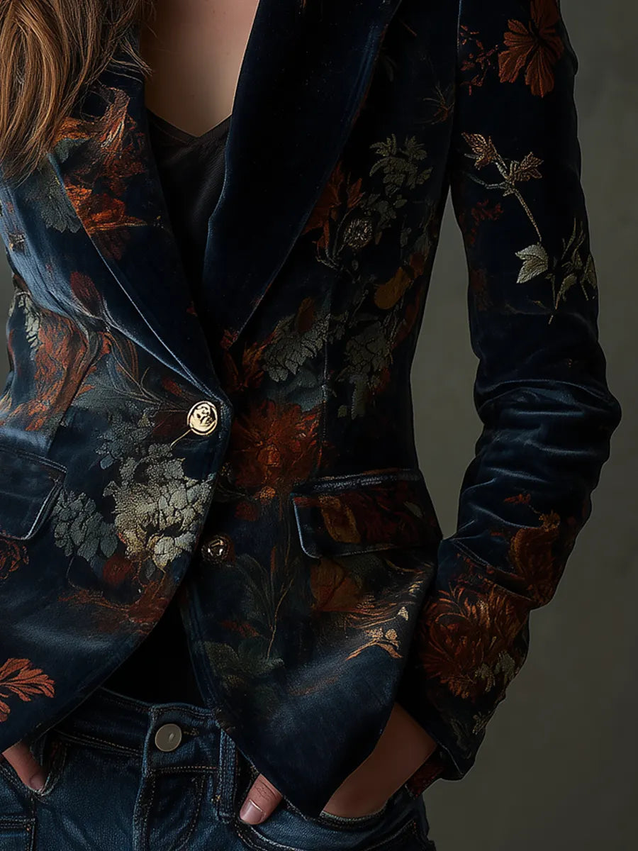 Vintage Floral Print Metal Button Polyester Velvet Blazer