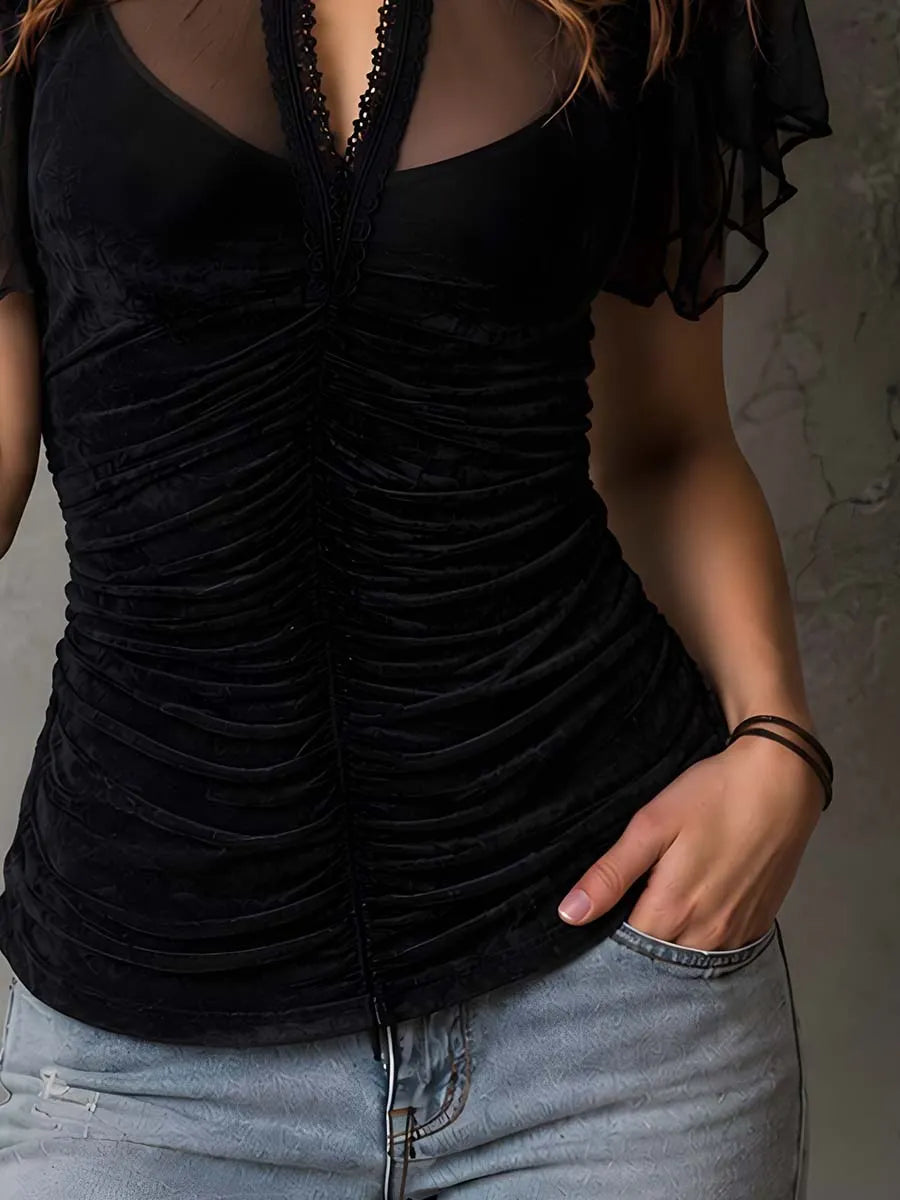 Vintage Keyhole Neckline Polyester Velvet Blouse