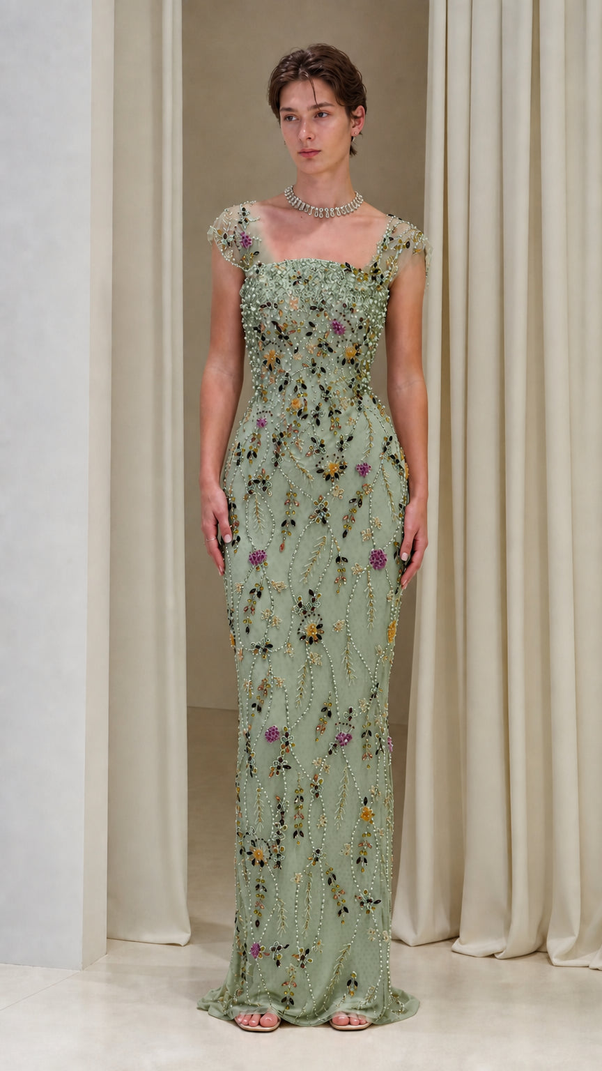 Floral Beaded Cap-Sleeve Column Evening Gown