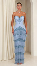 Strapless Tiered Fringe Evening Gown with Beaded Sweetheart Bodice