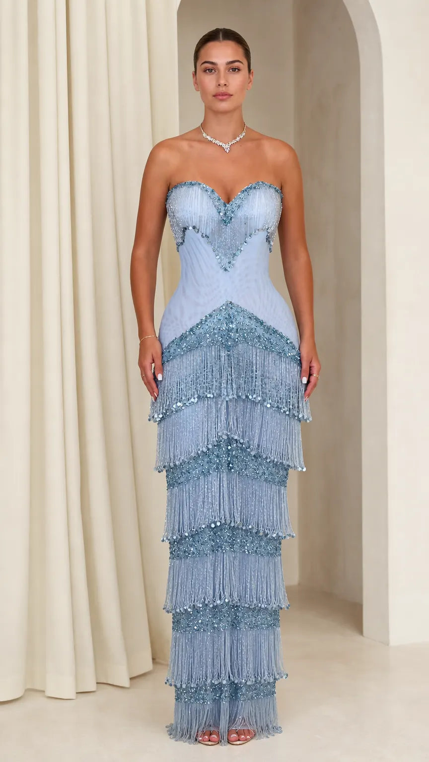 Strapless Tiered Fringe Evening Gown with Beaded Sweetheart Bodice