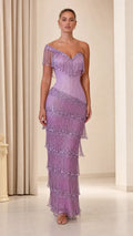 One-Shoulder Beaded Fringe Corset Evening Gown