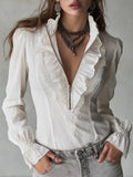 Vintage Lace Trim Cotton-linen Blouse With Partial Front Zip