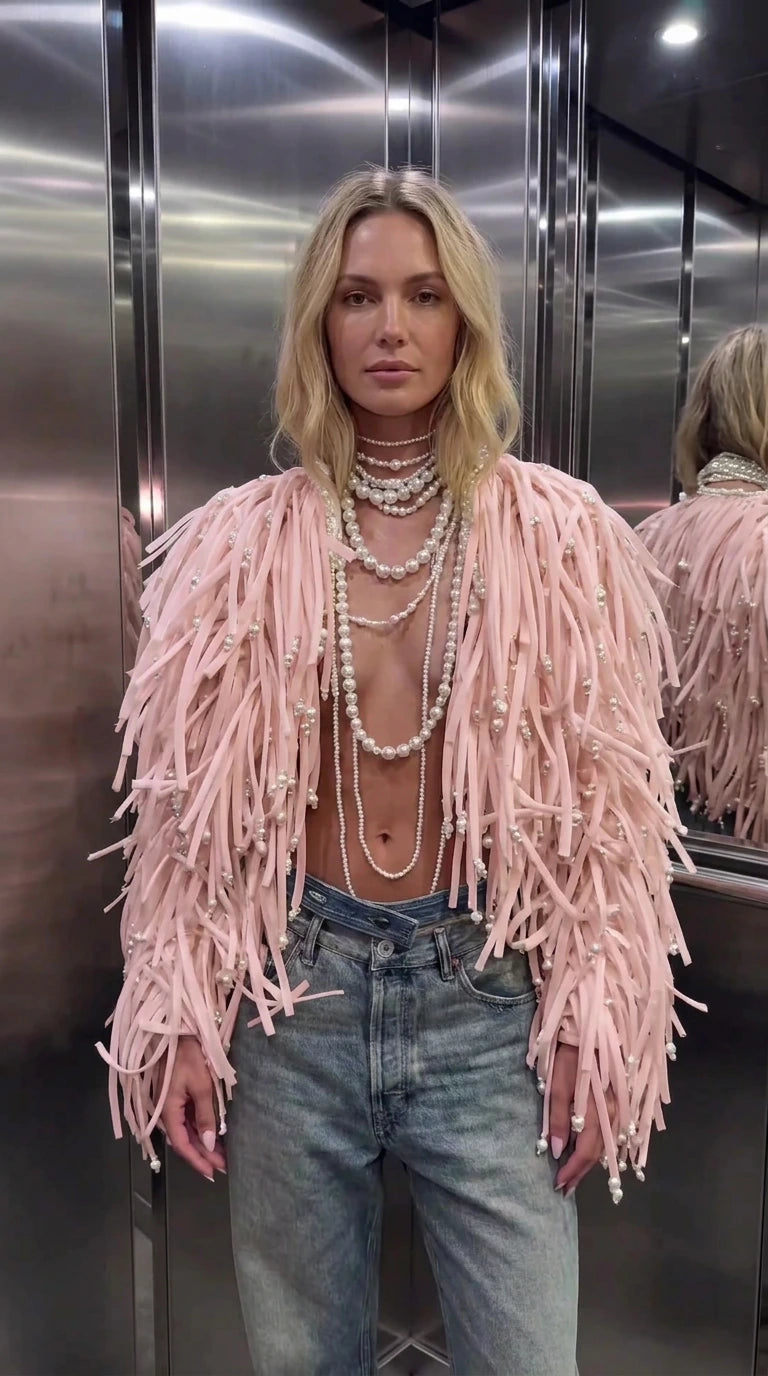 Faux Pearl Embellished Shaggy Fringe Jacket with Open Front