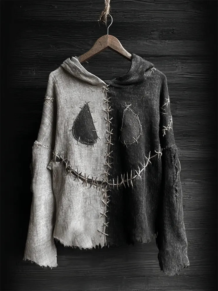 Halloween Spooky Face Contrast Stitched Linen Hoodie