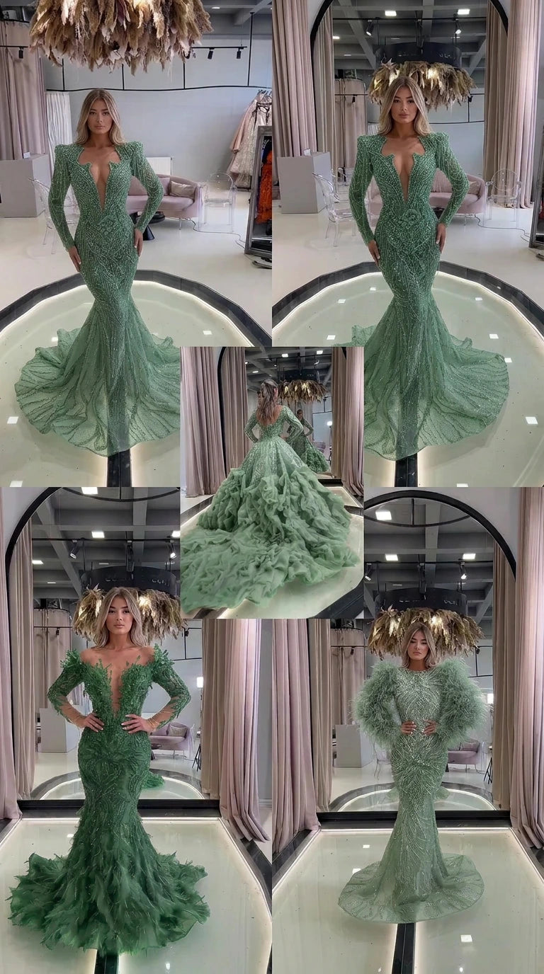 Luxury Beaded Mermaid Evening Gown with Sweep Train