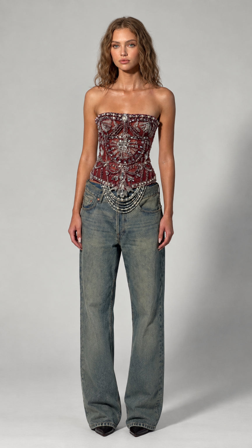 Pearl & Rhinestone Embellished Strapless Corset Top with Beaded Fringe Hem