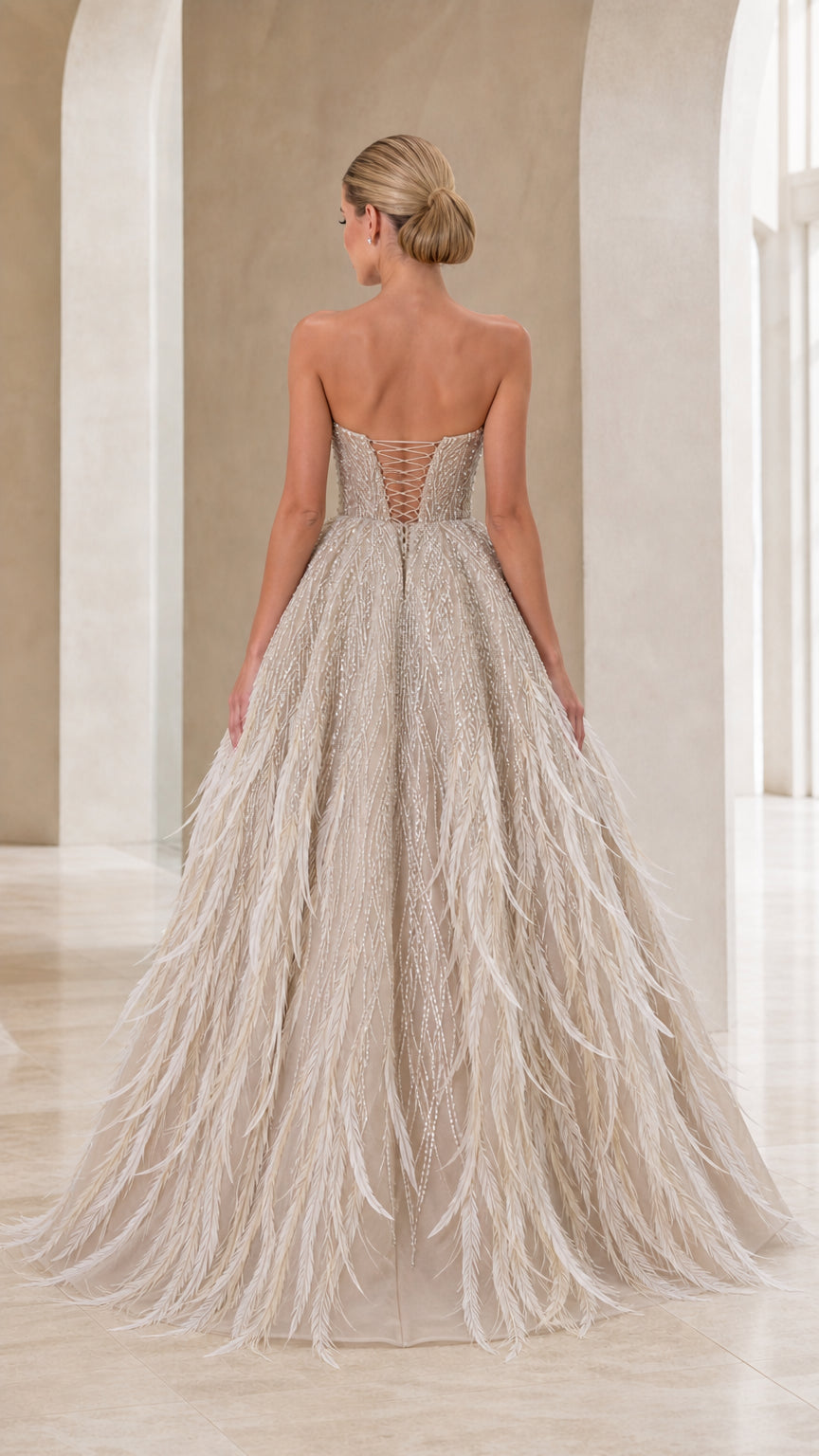 Strapless Plunging V-Neck Beaded Tulle Ball Gown with Feather Accents
