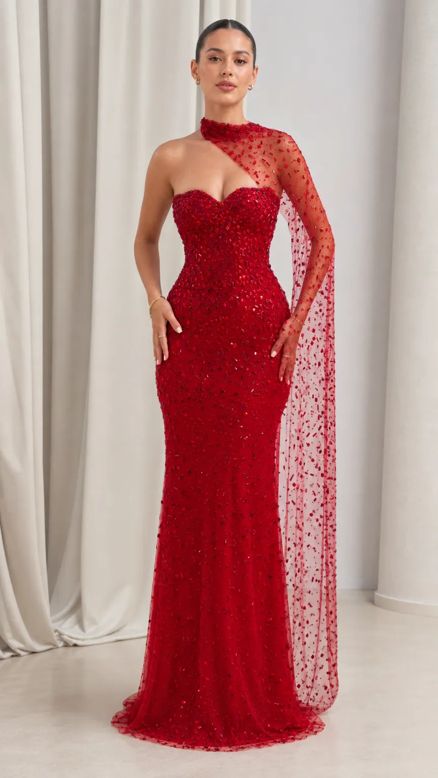 Asymmetrical Beaded Cape Sleeve Evening Gown with Sweetheart Bodice