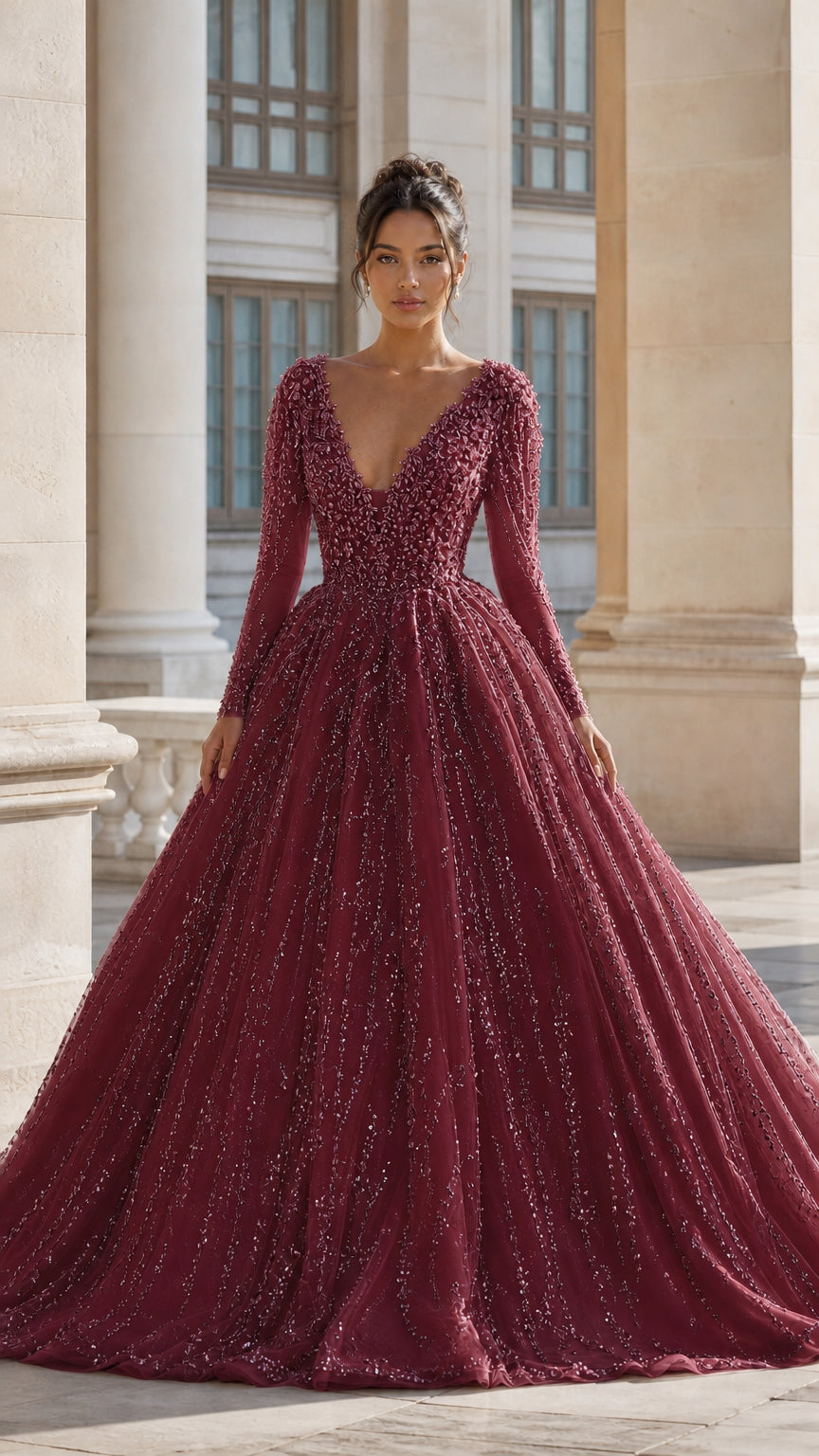 Deep V-Neck Beaded Long Sleeve Tulle Ball Gown Evening Dress