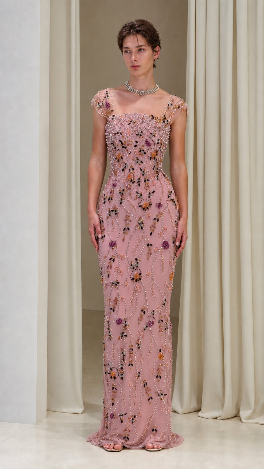 Floral Beaded Cap-Sleeve Column Evening Gown