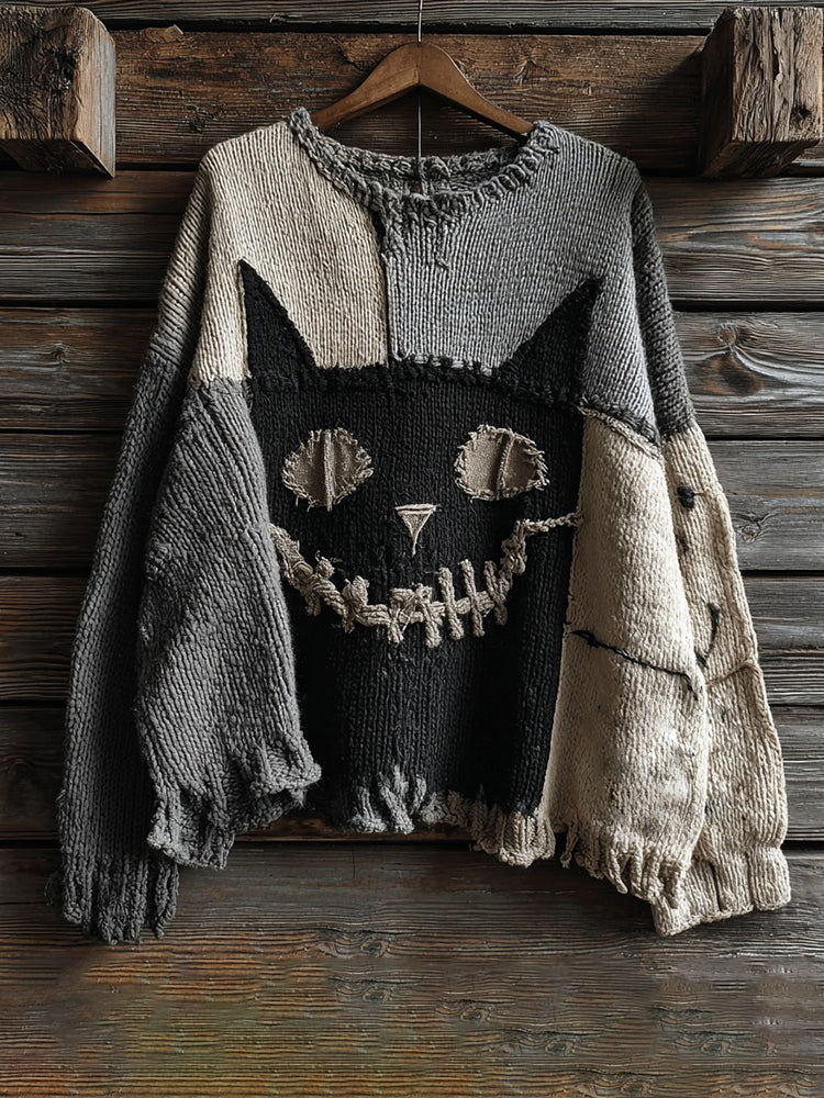 Halloween Black Cat Spooky Face Contrast Stitched Cozy Knit Sweater