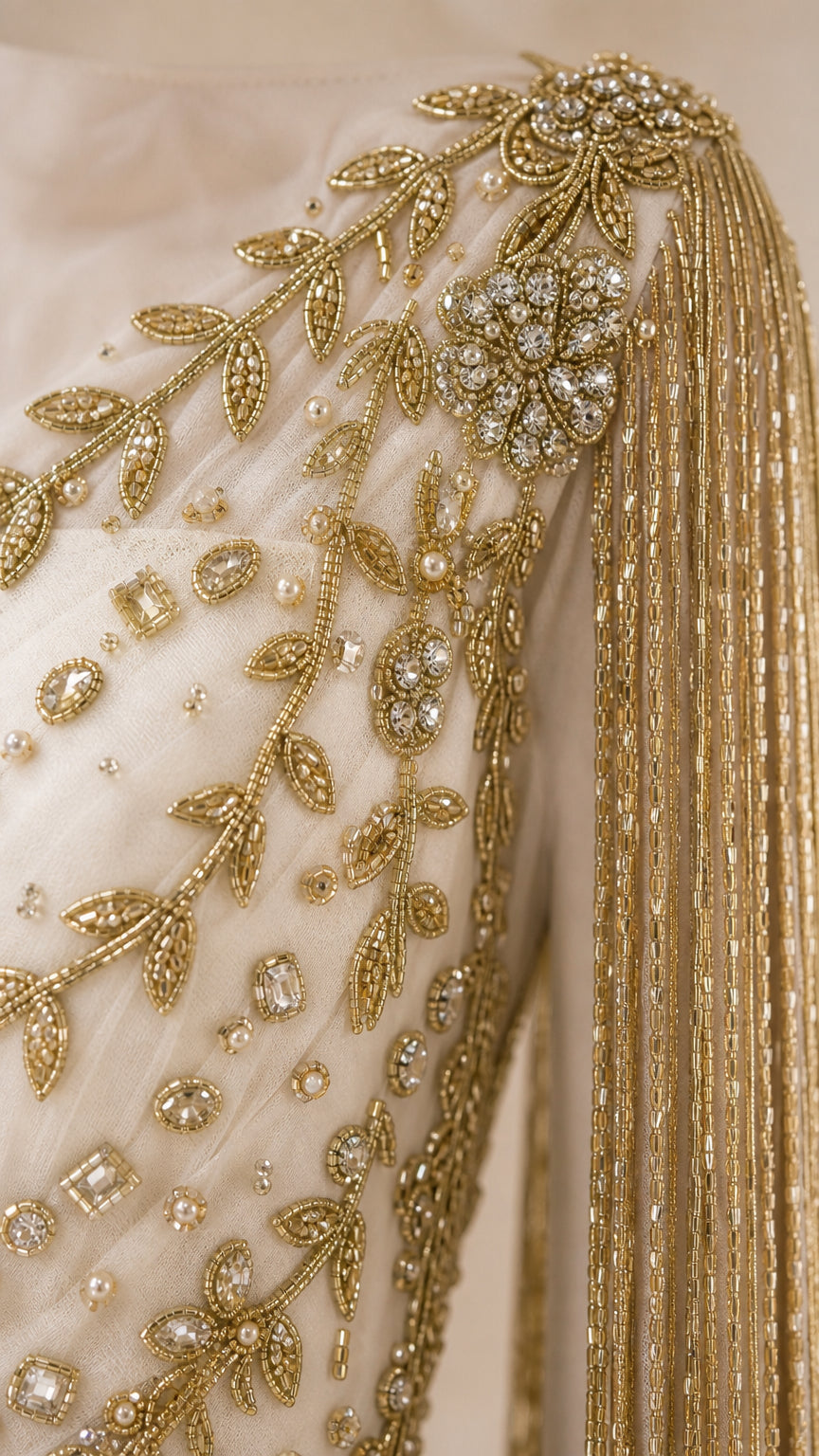 One-Shoulder Beaded Fringe Evening Gown with Metallic Leaf Embroidery