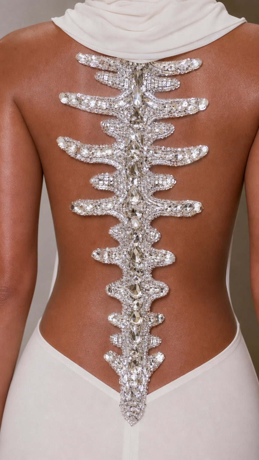 High Neck Backless Mermaid Maxi Gown with Crystal Spine Detail