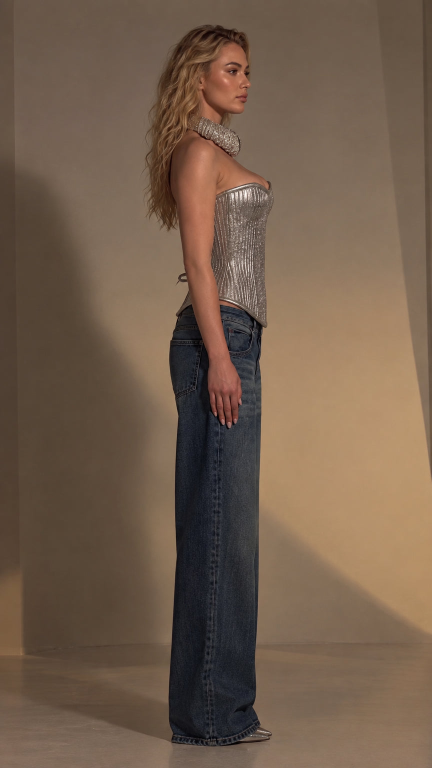 Metallic Pleated Strapless Corset Top with Lace-Up Detail
