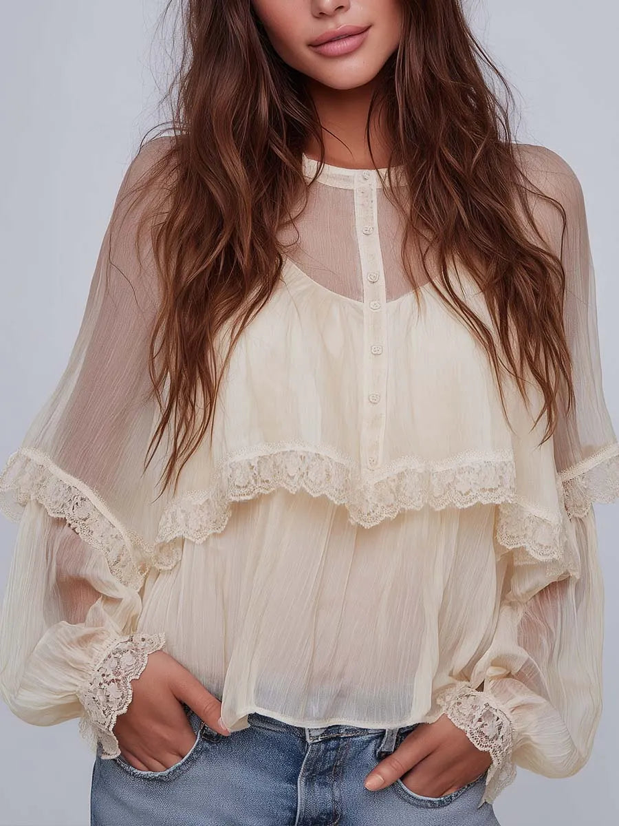 Boho Lace Trim Sheer Balloon Sleeve Button Blouse